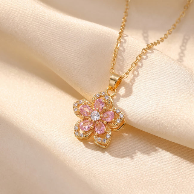 Flower pendant necklace with pink stones