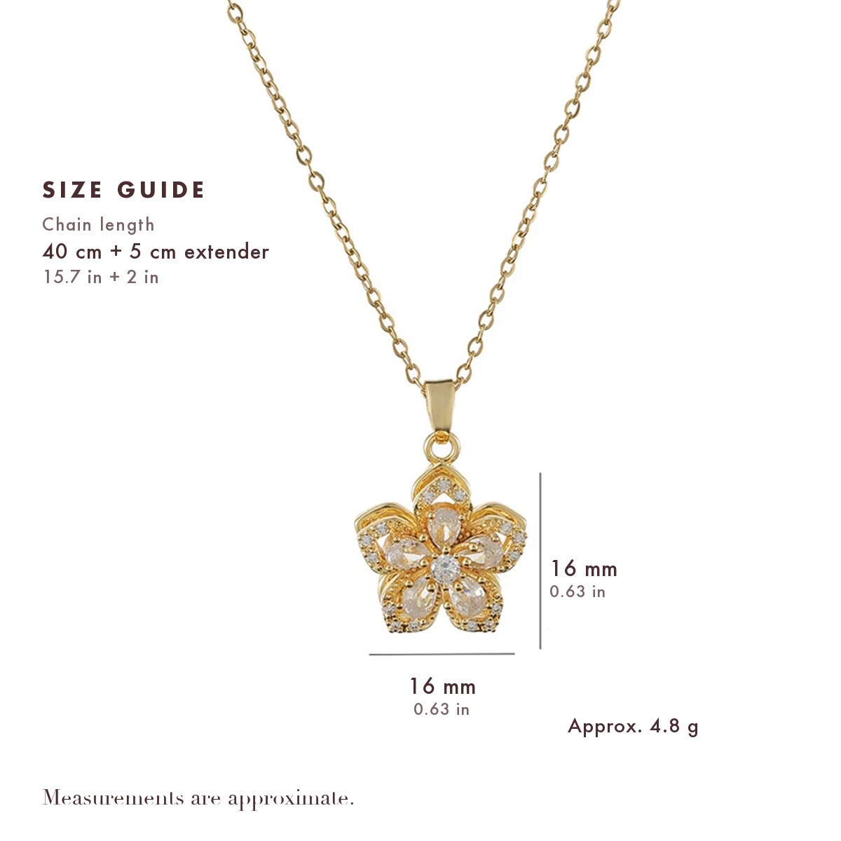 Pendant measurements: 16 × 16 mm on a 40 cm chain with 5 cm extender