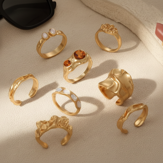 Gold rings on a beige surface with sunglasses and lipstick.