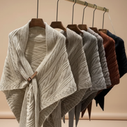 Row of knit sweaters on hangers against a beige background