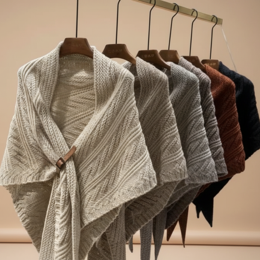 Row of knit sweaters on hangers against a beige background