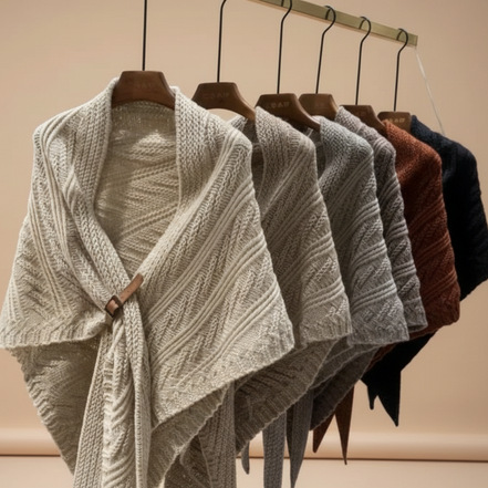 Row of knit sweaters on hangers against a beige background
