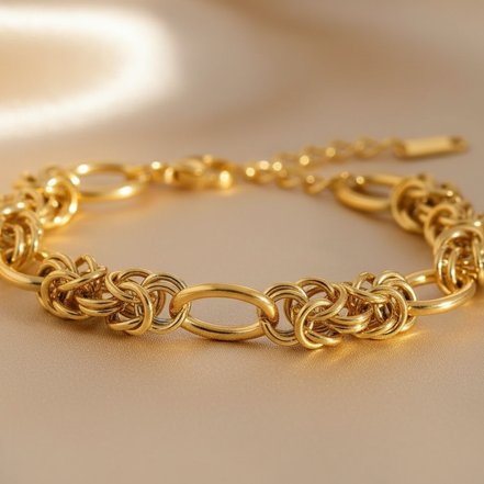 Gold chain bracelet on a beige background