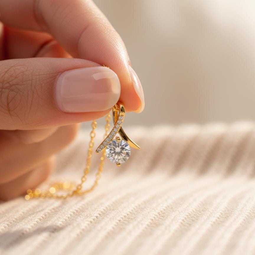 Gold Plated CZ Solitaire Twist Ribbon Pendant Necklace, Gift for her, Mothers day