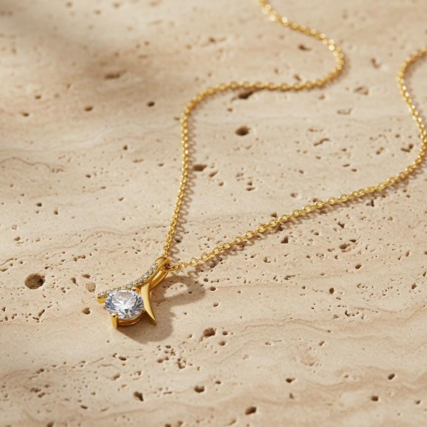 Gold Plated CZ Solitaire Twist Ribbon Pendant Necklace, Gift for her, Mothers day