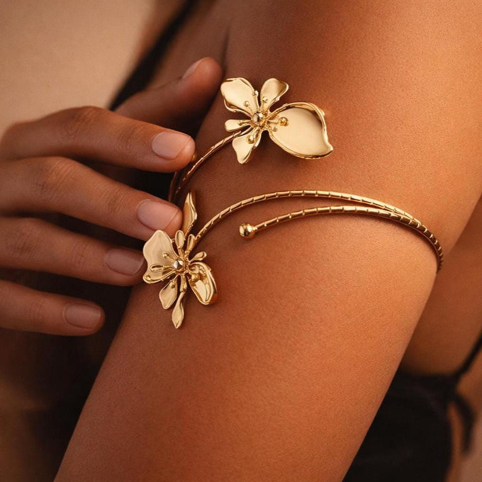Gold Floral Arm Cuff, Adjustable Bicep Bracelet, Beach Jewelry, Gift for Her