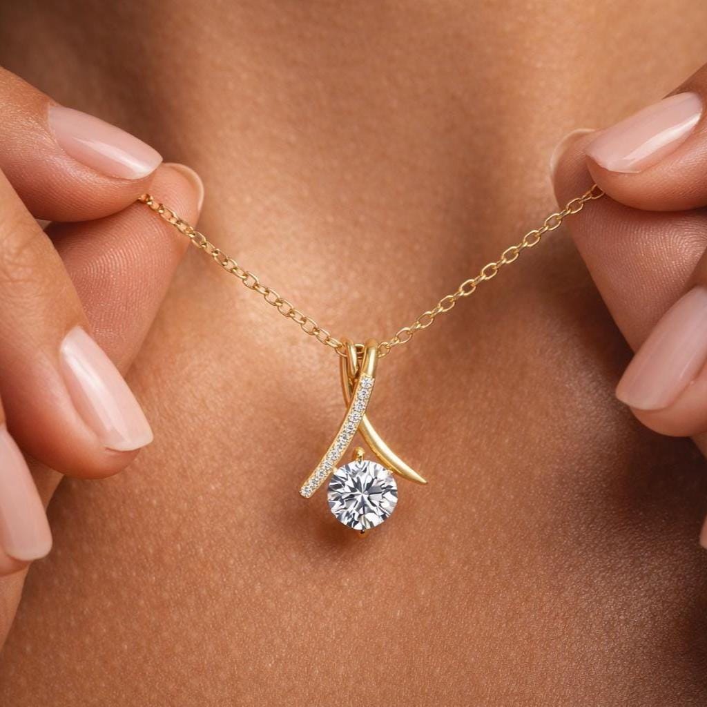 Gold Plated CZ Solitaire Twist Ribbon Pendant Necklace, Gift for her, Mothers day