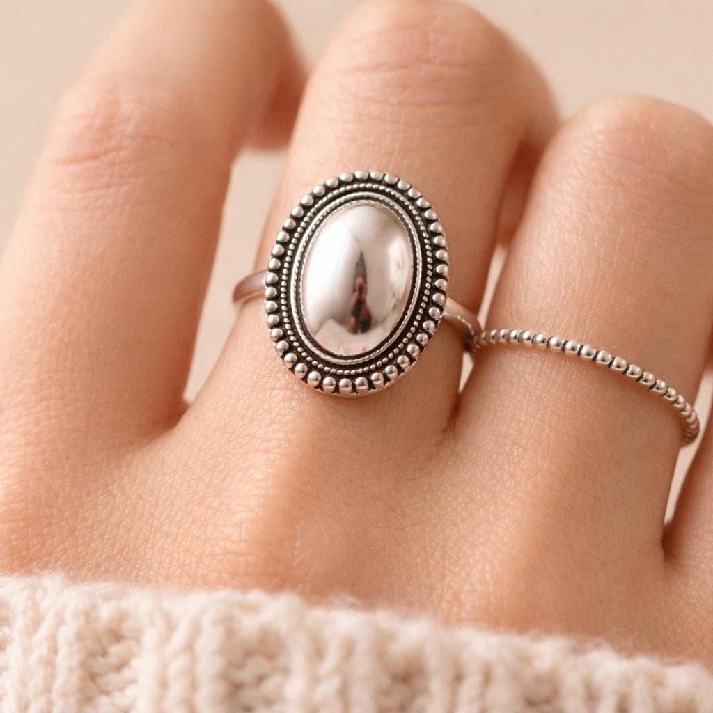 Silver oval dome ring with dotted rope border, vintage boho silver ring, oxidized silver statement ring, adjustable silver ring for women, bohemian ring gift for her