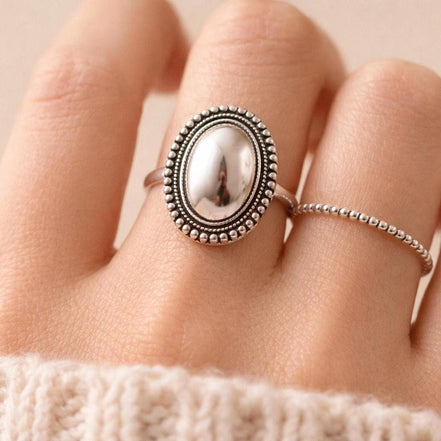 Silver oval dome ring with dotted rope border, vintage boho silver ring, oxidized silver statement ring, adjustable silver ring for women, bohemian ring gift for her