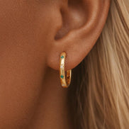 Gold hoop earrings with emerald green and white CZ star constellation details engraved on a thick gold band, dainty celestial huggie hoop earrings for women, 925 sterling silver gold plated jewelry