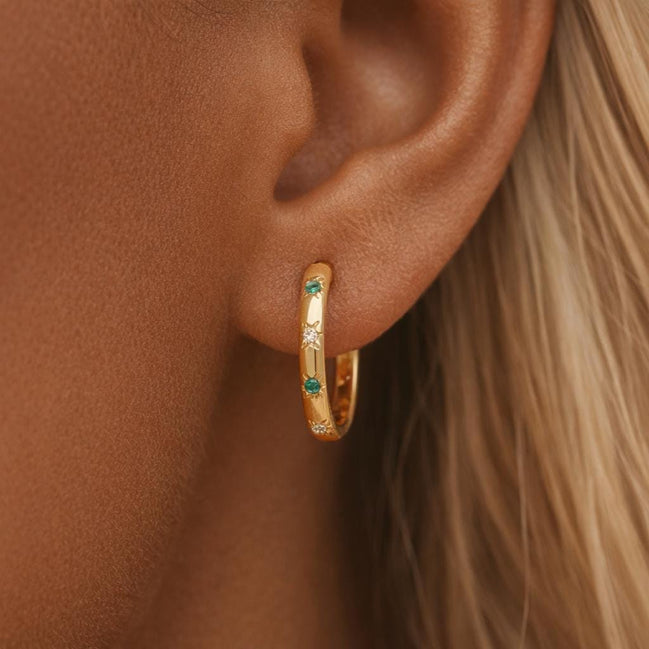 Gold hoop earrings with emerald green and white CZ star constellation details engraved on a thick gold band, dainty celestial huggie hoop earrings for women, 925 sterling silver gold plated jewelry