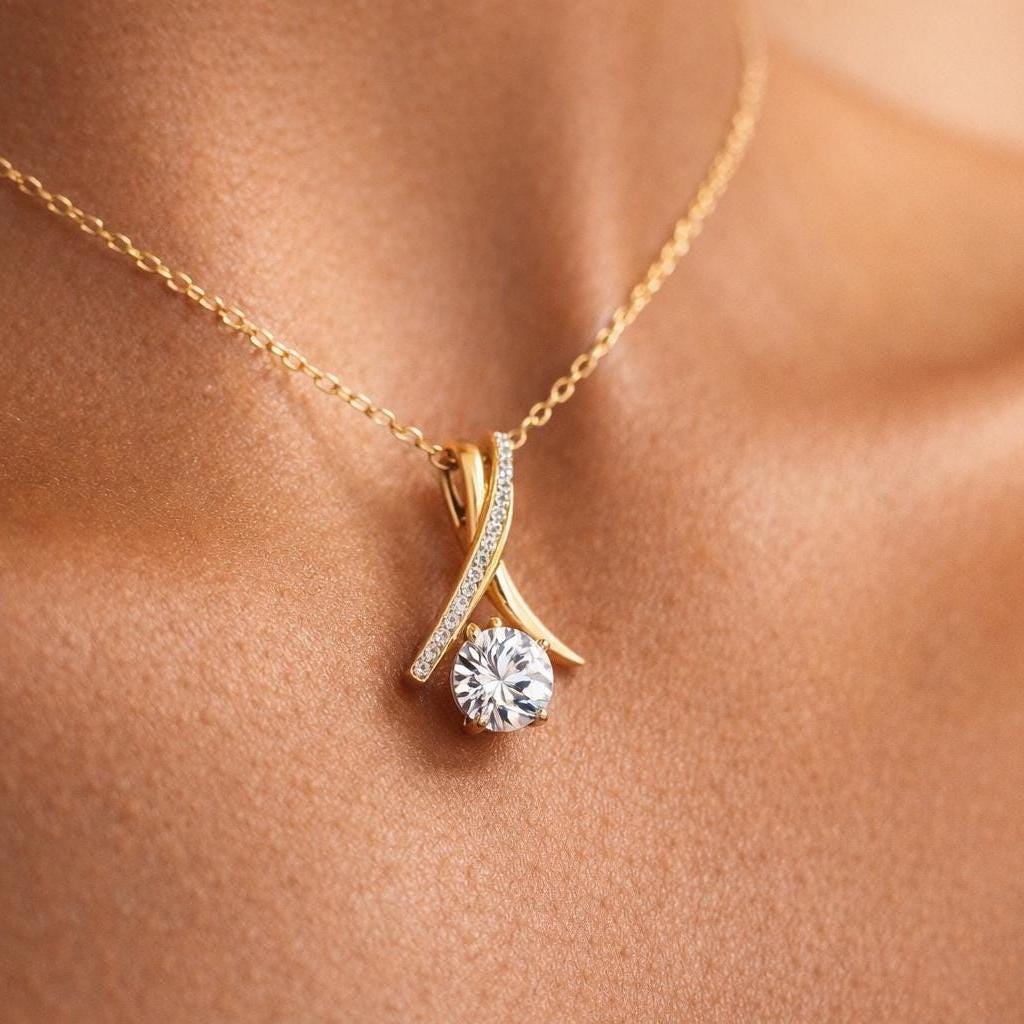 Gold Plated CZ Solitaire Twist Ribbon Pendant Necklace, Gift for her, Mothers day