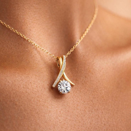 Gold Plated CZ Solitaire Twist Ribbon Pendant Necklace, Gift for her, Mothers day