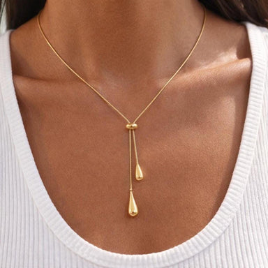 Gold Lariat Necklace | Adjustable Teardrop Pendant | Minimalist Chain Jewelry