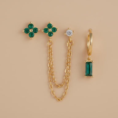Emerald Green CZ Chain Earring Set • Gold Flower Stud Double Chain Earring • Curated Ear Stack Jewelry • Gift for Mom