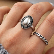 Silver Oval Dome Ring - Vintage Boho Dotted Border Ring - Oxidized Silver Statement Ring - Minimalist Ring - Gift for mom