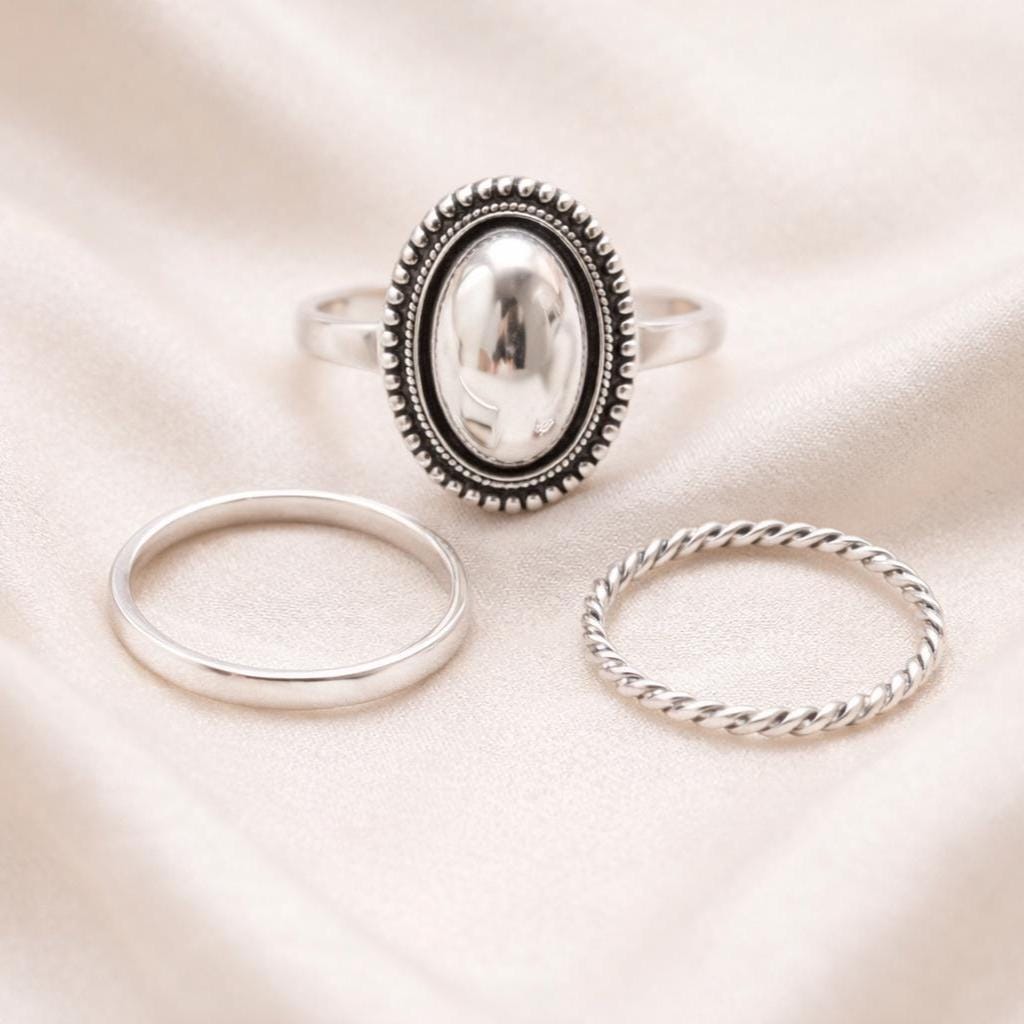Silver Oval Dome Ring - Vintage Boho Dotted Border Ring - Oxidized Silver Statement Ring - Minimalist Ring - Gift for mom