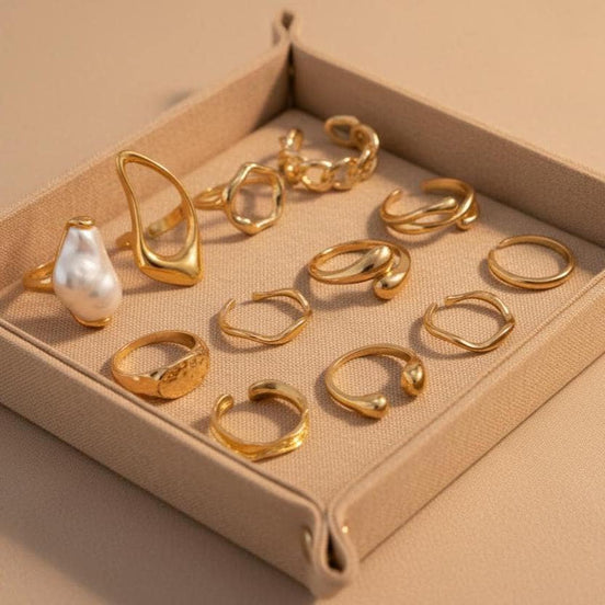 12 Piece Gold Ring Set | Baroque Pearl Ring | Molten Gold Stacking Rings | Chunky Gold Ring Stack | Adjustable Boho Rings | Gift For Her