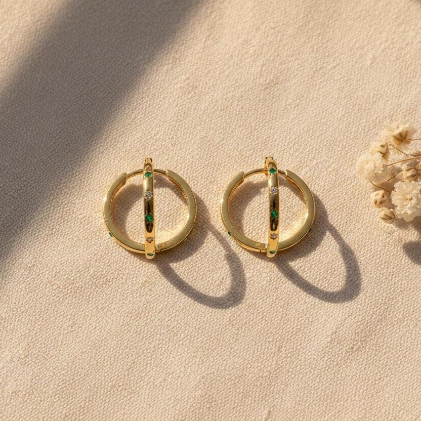 Emerald Star Hoop Earrings by Beluna Jewelry • Dainty CZ Celestial Gold Hoops • Everyday Jewelry, Minimalist Earrings • Gift for Mom