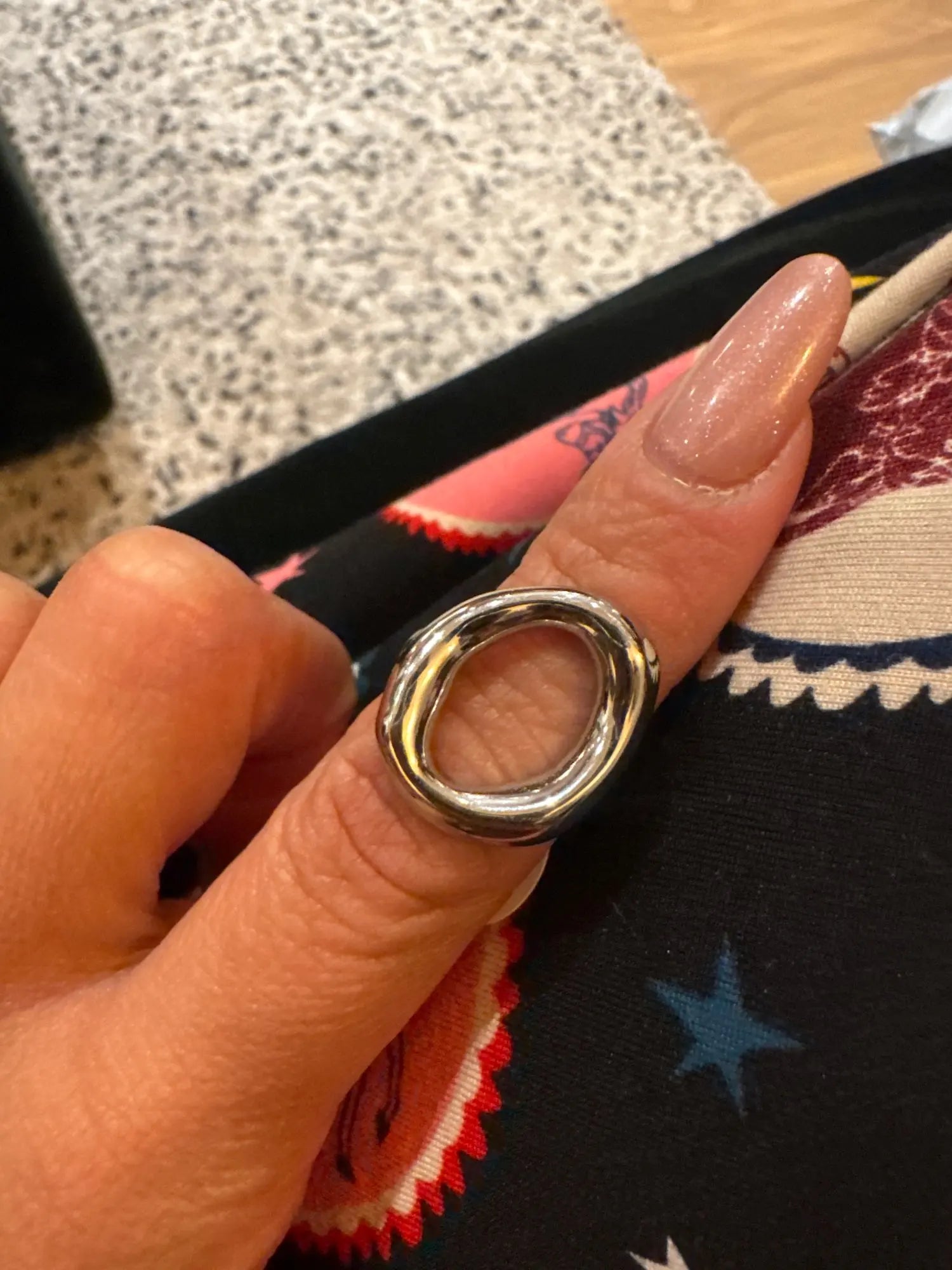 Customer wearing the silver abstract oval ring